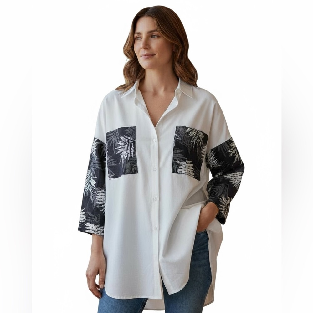POL Women’s button down white shirt M/L NWT with leaf pattern oversized casual